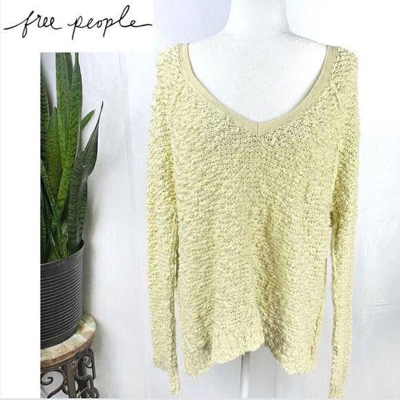 FREE PEOPLE Medium Yellow Popcorn Oversized Long Sleeve Hi Lo Cotton Sweater - Picture 1 of 12